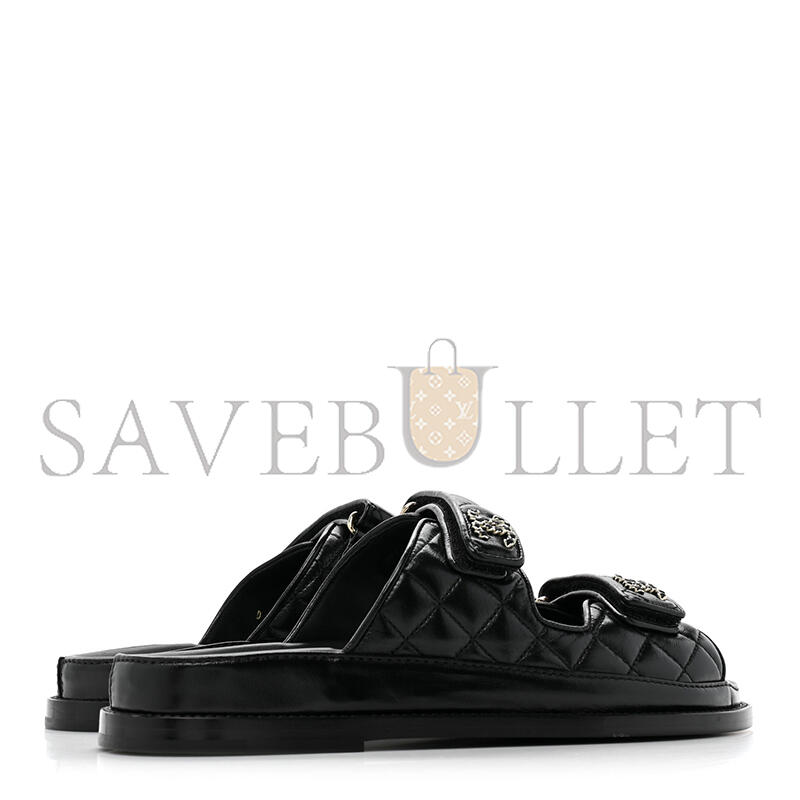 Ch*el lambskin quilted velcro dad chain cc slide sandals black g45507